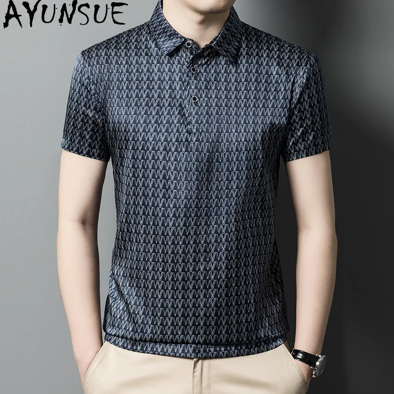 AYUNSUE 92.5% Real Mulberry Silk T Shirt for Man Summer High-end Tee Shirts Men Clothes Casual Short Sleeve Top Polo T Shirt