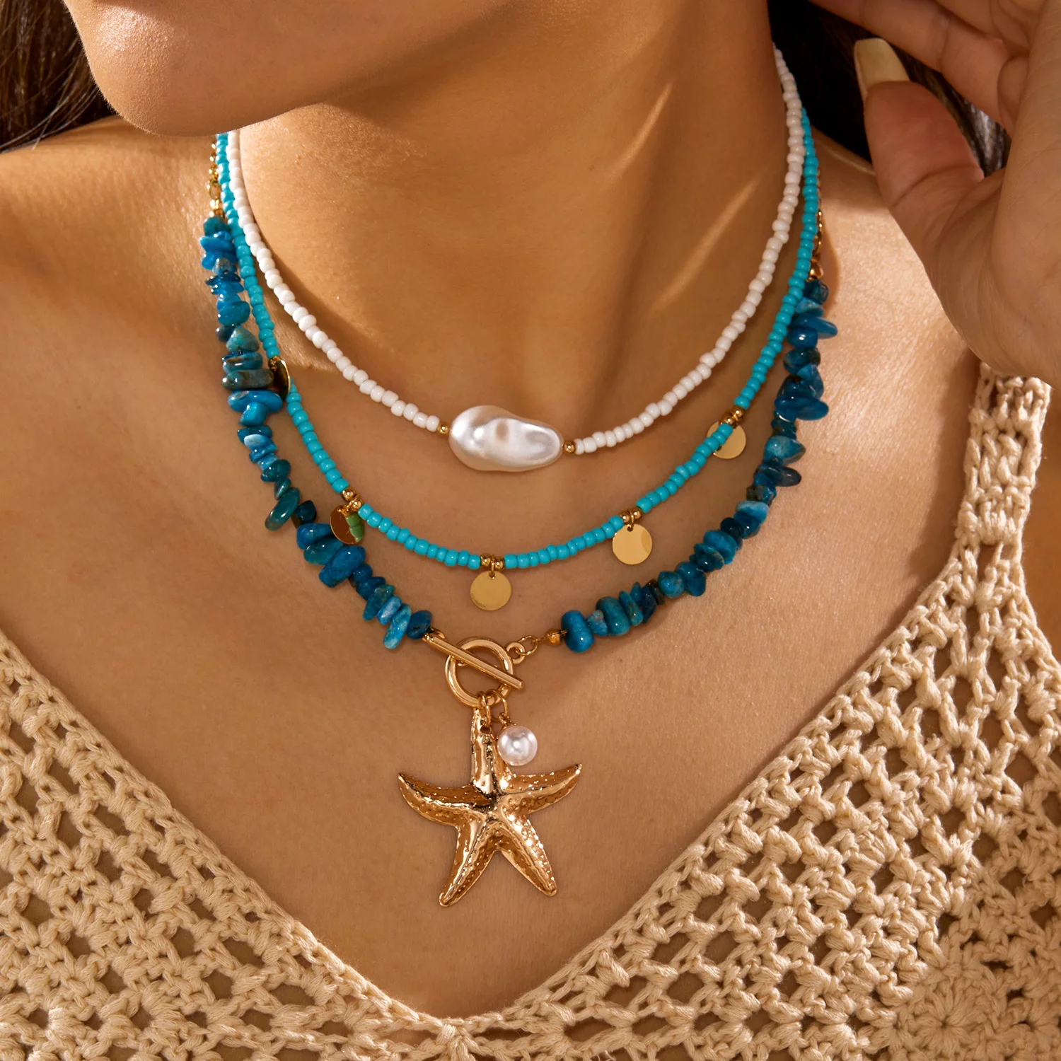 

Retro Blue Beaded round Fragmented Rock Millet Necklace for Ladies Simple Starfish Pendant Clavicle Chain Jewelry Accessory