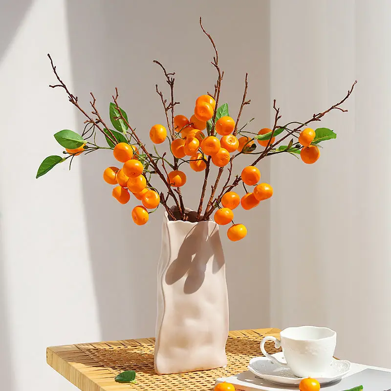 Modern Small Kumquat Artificial Fruit Flower Ceramic Vase Metal Flowerpot Home Dining Table Furnishing Crafts Store Decoration