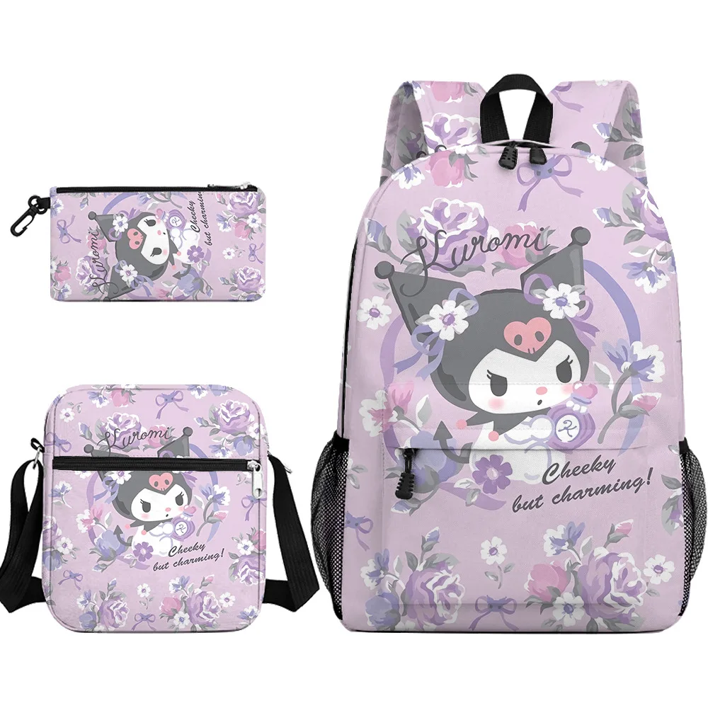 Sac à dos étanche en nylon Kuromi pour adolescents, cartable pour lycéens, filles et garçons, sac à dos pour ordinateur portable, 3 pièces