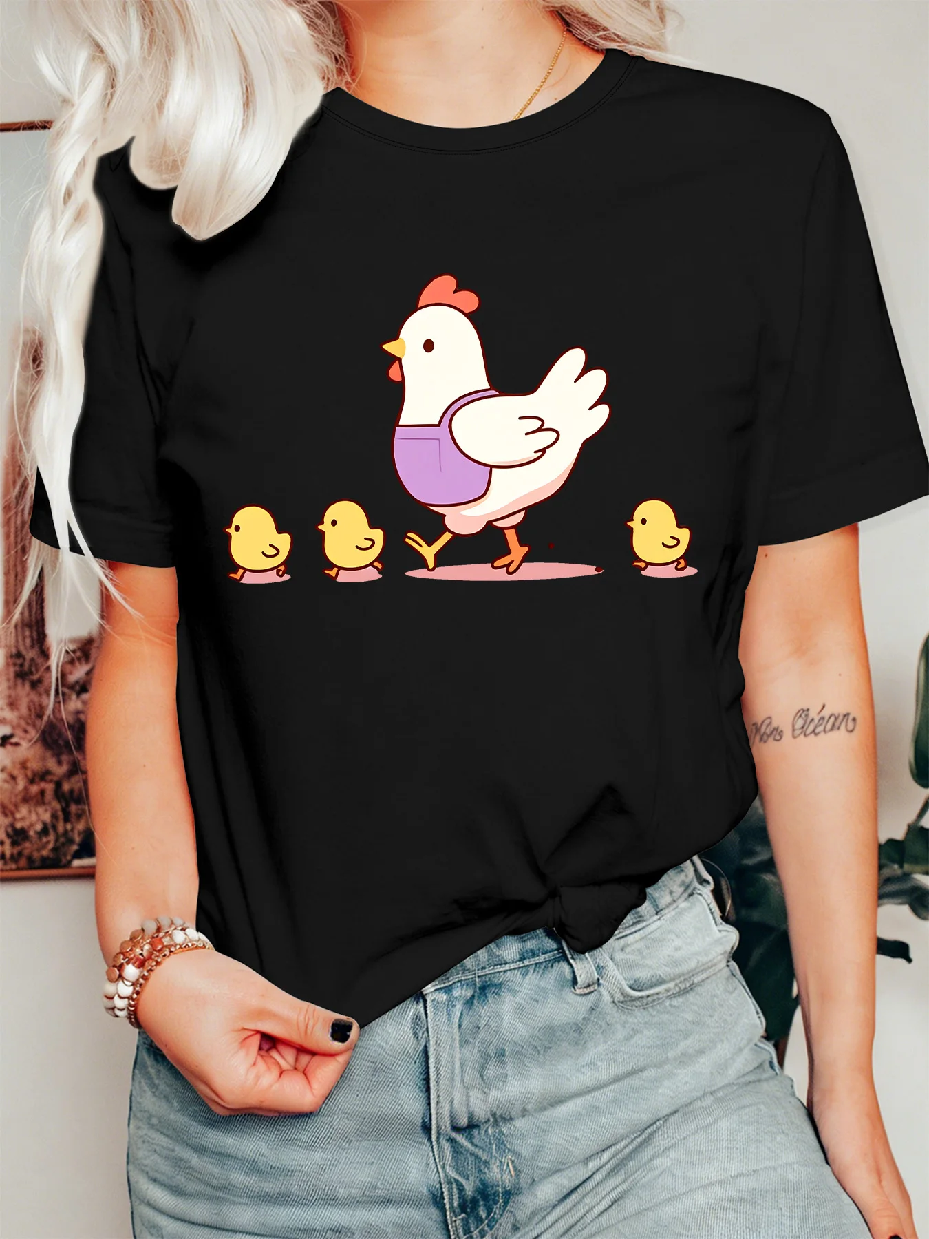 Lovely Farm Chicken Family Womens T Shirt Hen And Little Chicks Cartoon Graphic Tee Short Sleeve Casual Party Street Ladies Tops