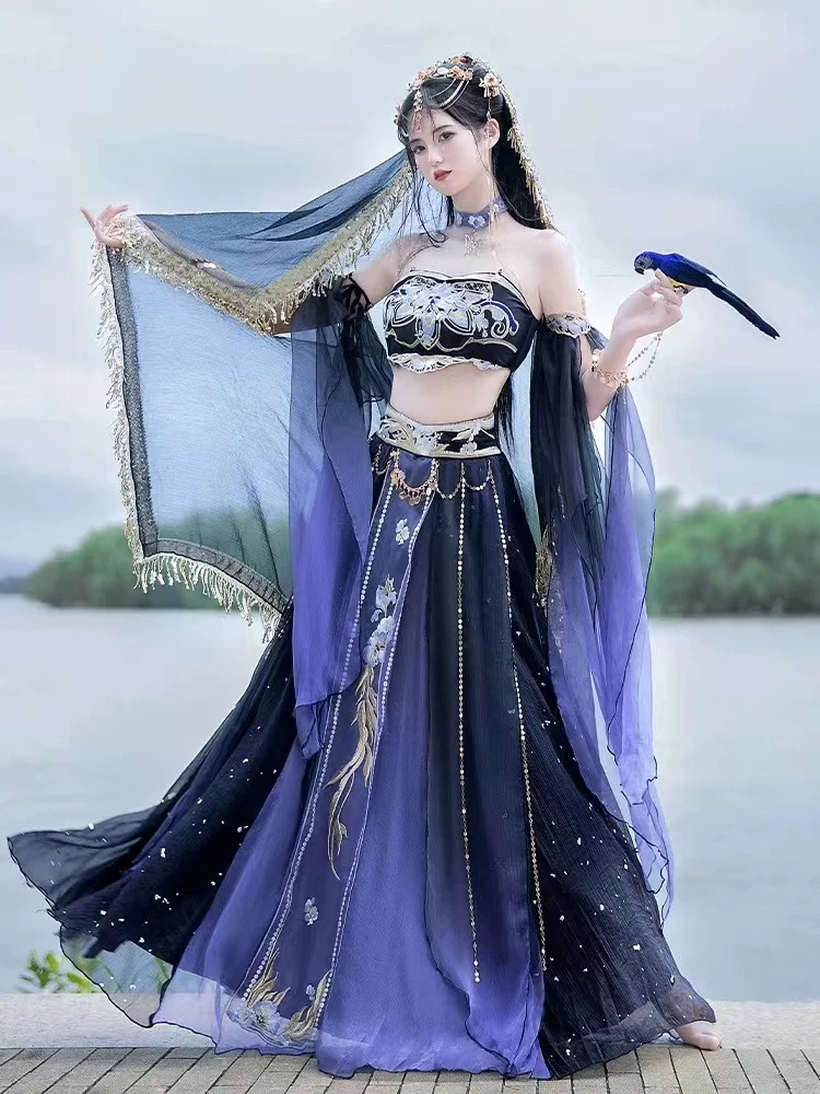 Vestido exótico princesa fada voando hanfu para mulheres, traje Dunhuang região oeste, roupas vintage Dai étnica cosplay para meninas