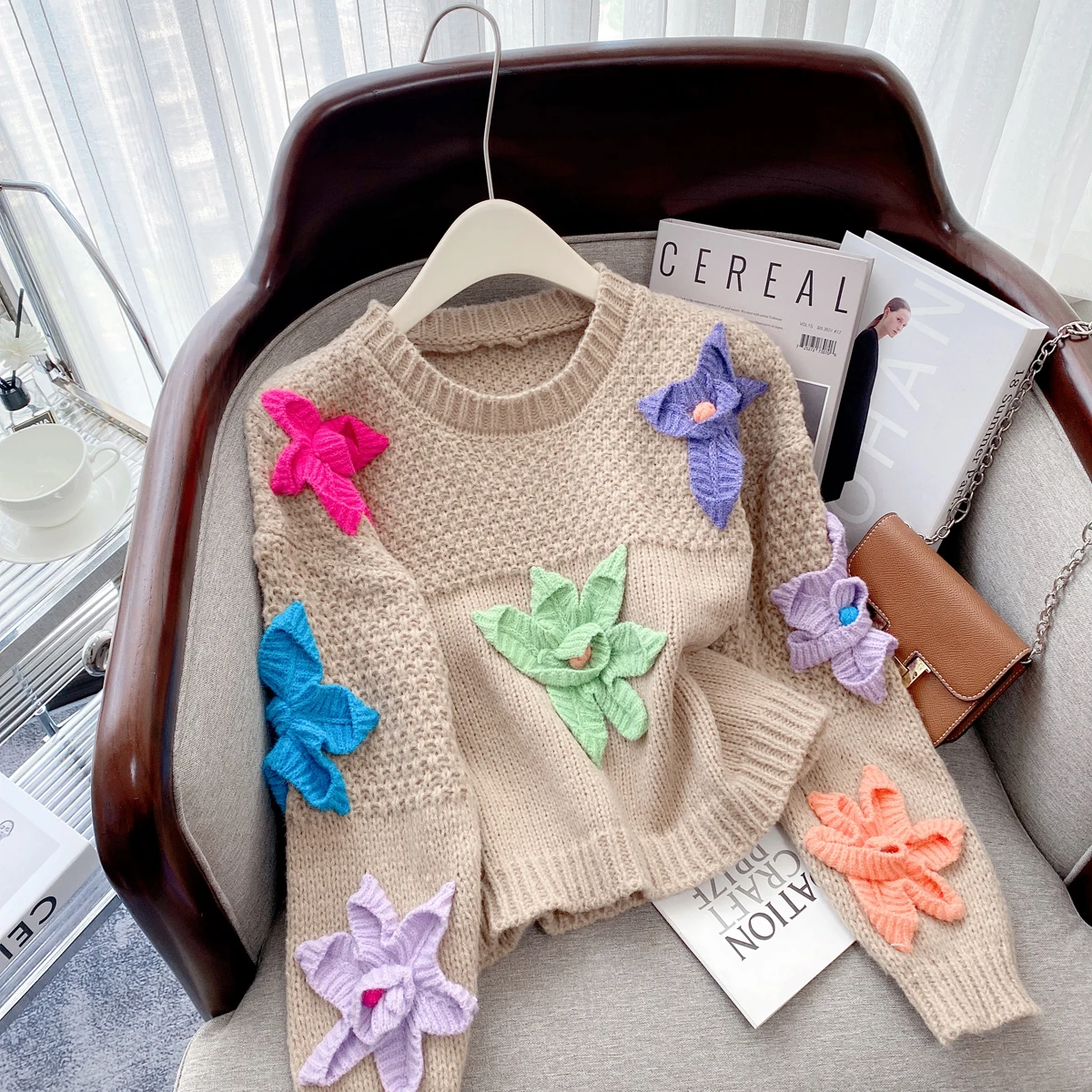 Stylish Hand-made Flower Knit Sweater Pullover Women Autumn Winter Chic Fashion Ladies Tops Long Sleeve O-neck Jumper 2022