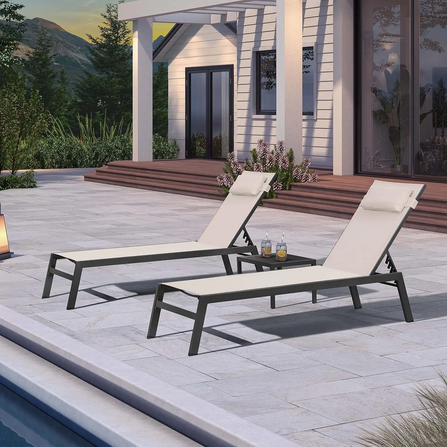 Conjunto de espreguiçadeira ao ar livre alumínio pátio chaise espreguiçadeira mesa lateral travesseiro fora da piscina praia banho de sol bronzeamento reclinável bege