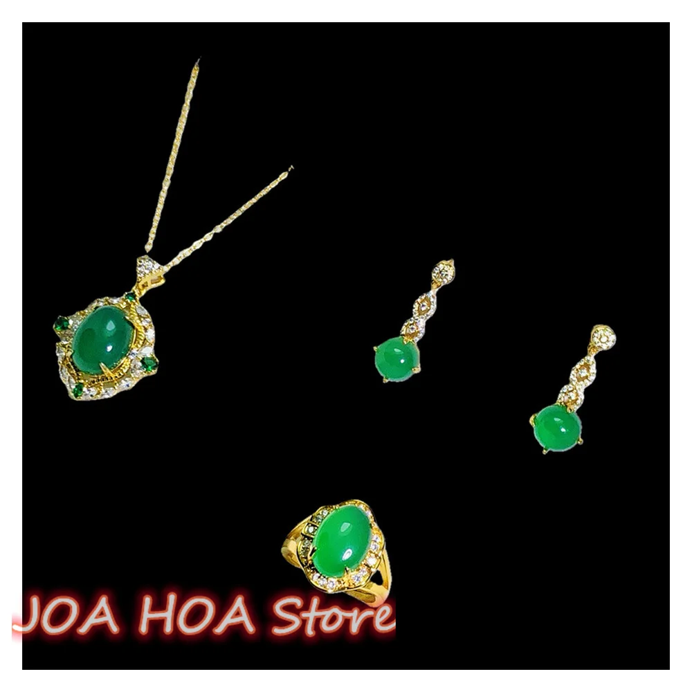 

Jewelry Set Box Fine 925S Silver Gold-plated Plated Claws Inlaid Natural Green Chalcedony Agate Necklace Pendant Earrings