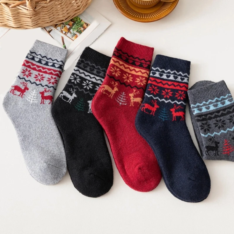 5 Paar Herren-Thermosocken aus Kunstwolle, gemütliche Winterwärme, Vintage-Hirschmuster-Socken für Outdoor-Aktivitäten und den