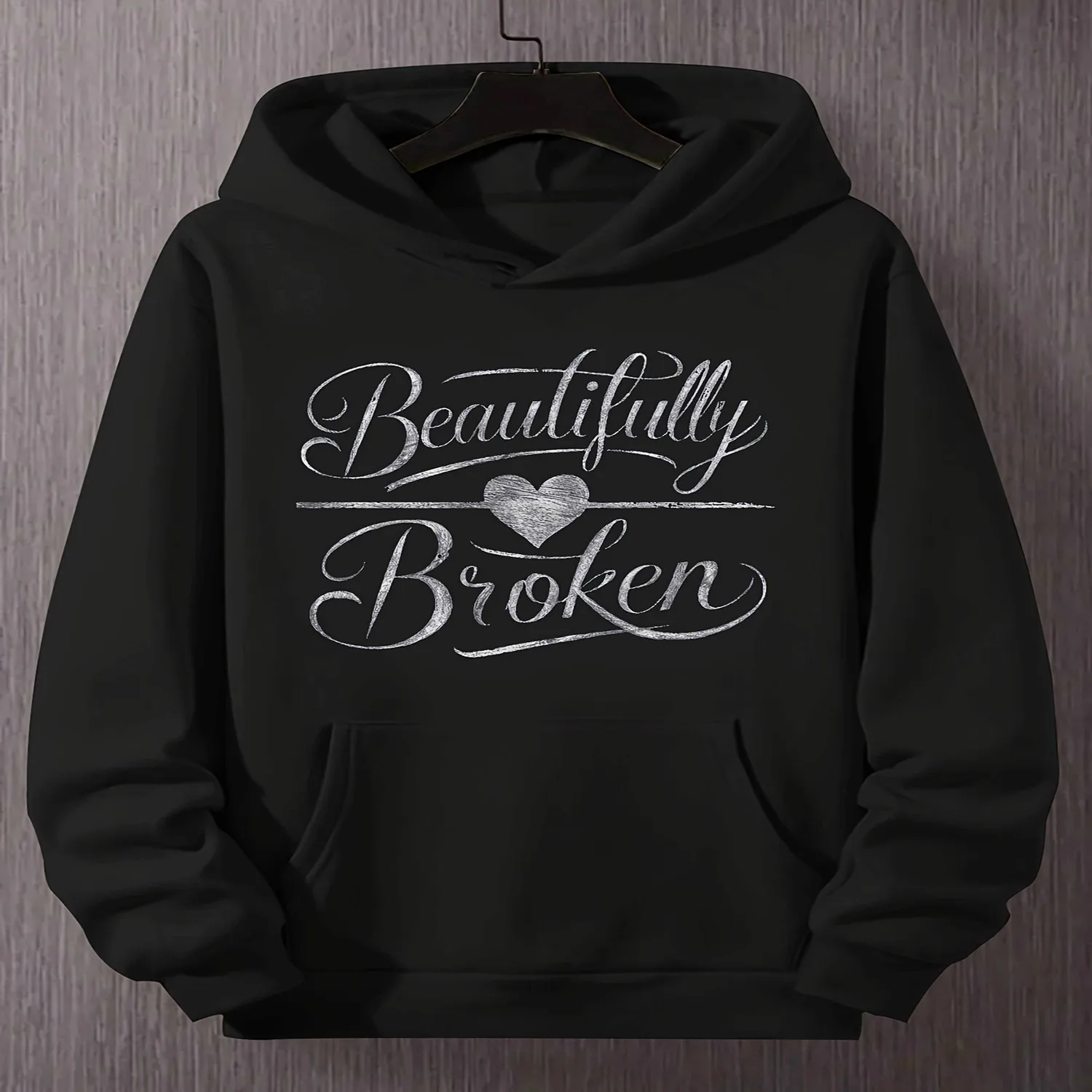 Heart Duality Beautifully Broken Men's Plus Size Hoodies, PLUS SIZE Unisex Retro Street Loose Hoodie, Letter Print, Machine Washable, Autumn Winter Daily Wear, Comfortable Fit, Fashion Enthusias loose fit hoodie, men cotton hoodie,