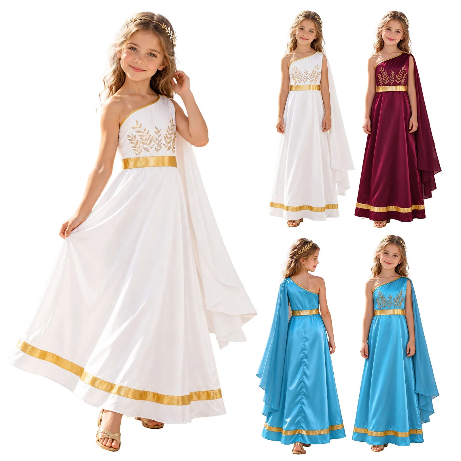 Kids Girls Ancient Greek Toga Goddesses Costume One Shoulder Drapey Gold Trims Robe for Halloween Greece Roman Queen Dresses