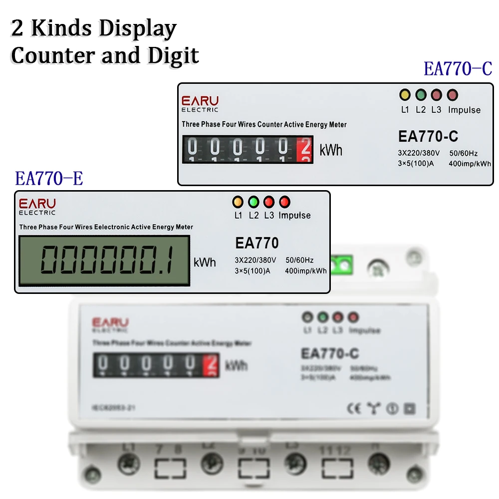 Three Phase Four Wires Eelectronic Active Energy Meter kWh Power Consumption Monitor DIN Rail 50/60Hz 3*5(100)A 50/60Hz  LCD LED