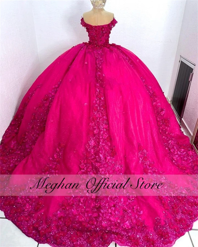 Mexico Pink Off The Shoulder Quinceanera Dress 2024 Beaded 3D Flower Corset Prom Dress Ball Gown 3D Flowers Sweet 16 Customized