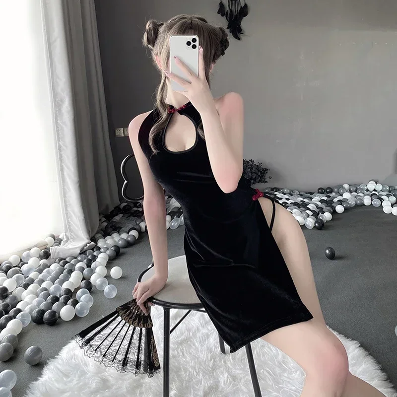 Sexy Lingerie Black High Split Cheongsam Uniform Backless Lacing Exotic Dresses Hollow Out Cheong-sam Night Club Wear Women Girl