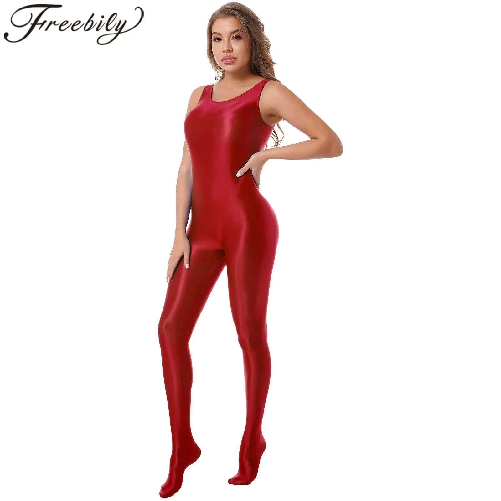 Women's Jumpsuit Lingerie Sleeveless Full Body Bodysuit for Yoga Gymnastics Fitness Swimming Glossy Leotard Pole Dance Clubwear