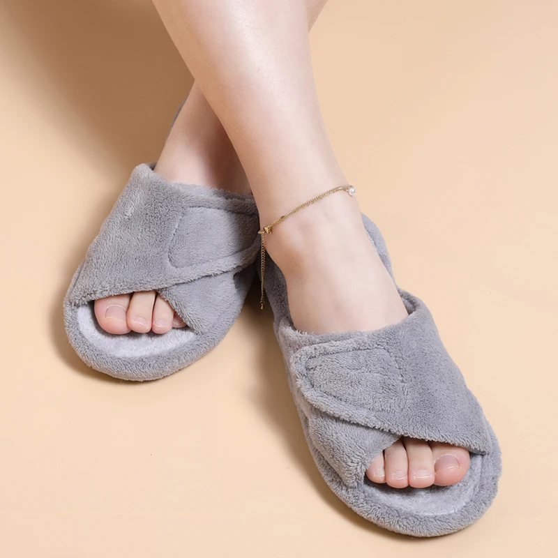 Pallene Cross Band Katoenen Slippers Vrouwen Indoor Fuzzy Slippers Voor Dames Antislip Gezellig Flats Slippers Open Teen Huis Slippers