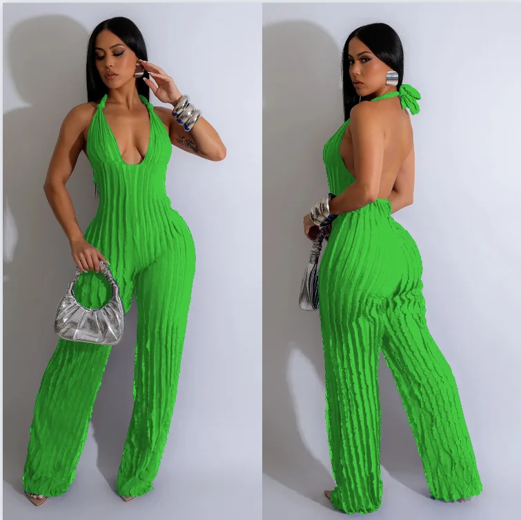 

Fashion Ruffles Women Halter Deep V-neck Backless Wide Leg Jumpsuit 2024 Sleeveless Chic Playsuit One Piece Suit Romper