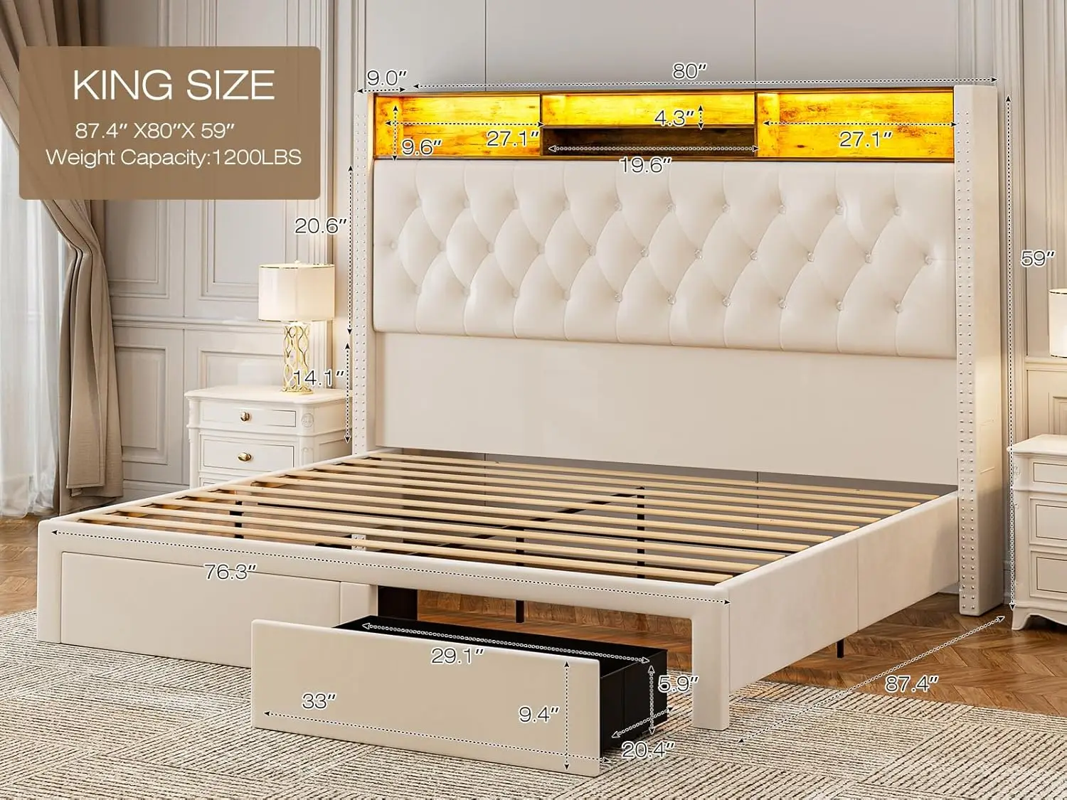 King Size Bed Frame with Headboard and Storage, 60“Tall Bed Frame with 2 Drawers, Tufted Wingback Bed Frame King Size