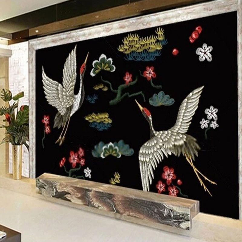 Embroidered white cranes and immortal cranes traditional Chinese patterns Chinese-style TV, luxurious home decoration bedroom