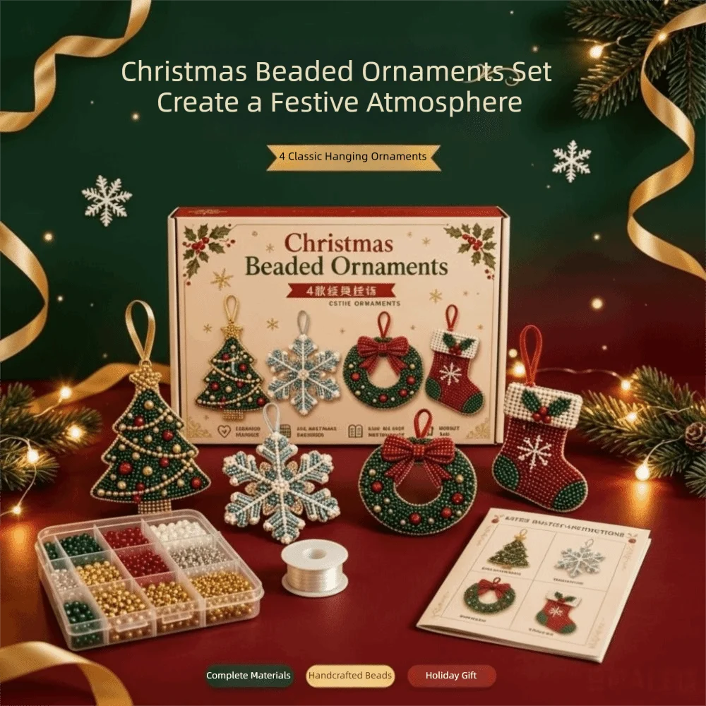 4-Piece Set Christmas Beaded Ornaments Kit Snowflake Design Wreath Design Beading Craft Set Christmas Themed Beginner Friendly