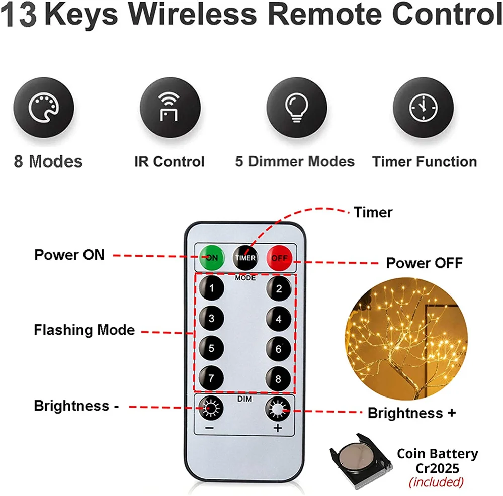 Lámpara de árbol de espíritu de hadas brillante remota, 108 LED, bricolaje, luz nocturna Artificial para dormitorio, 8 modos, batería USB, luz