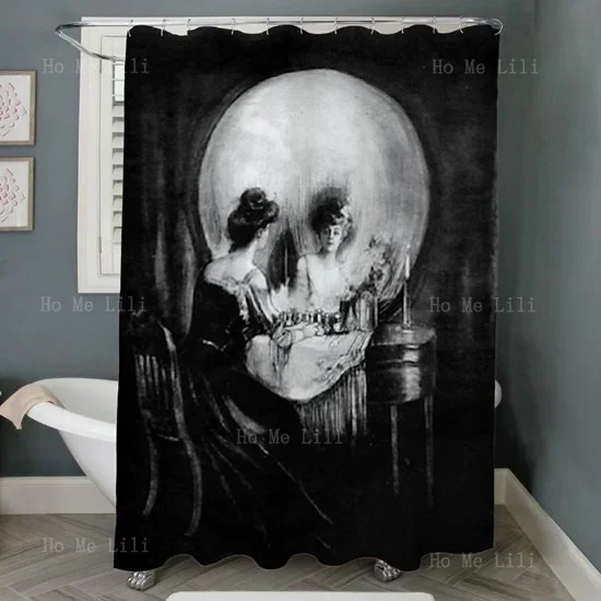 Skull Themed Shower Curtain Gothic Skeleton Tattooed Lady With Heart All Is Vanity Noble Woman Horror Halloween Bathroom Decor