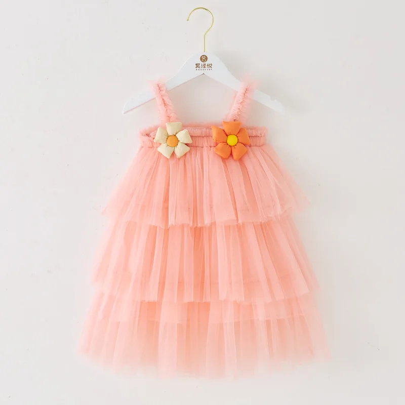 New Cute Baby Girl Clothes Solid Colour Ruffled Floral Decorated Net Garter Cake Dress For A Girl Birthday Sweet Princess Dress