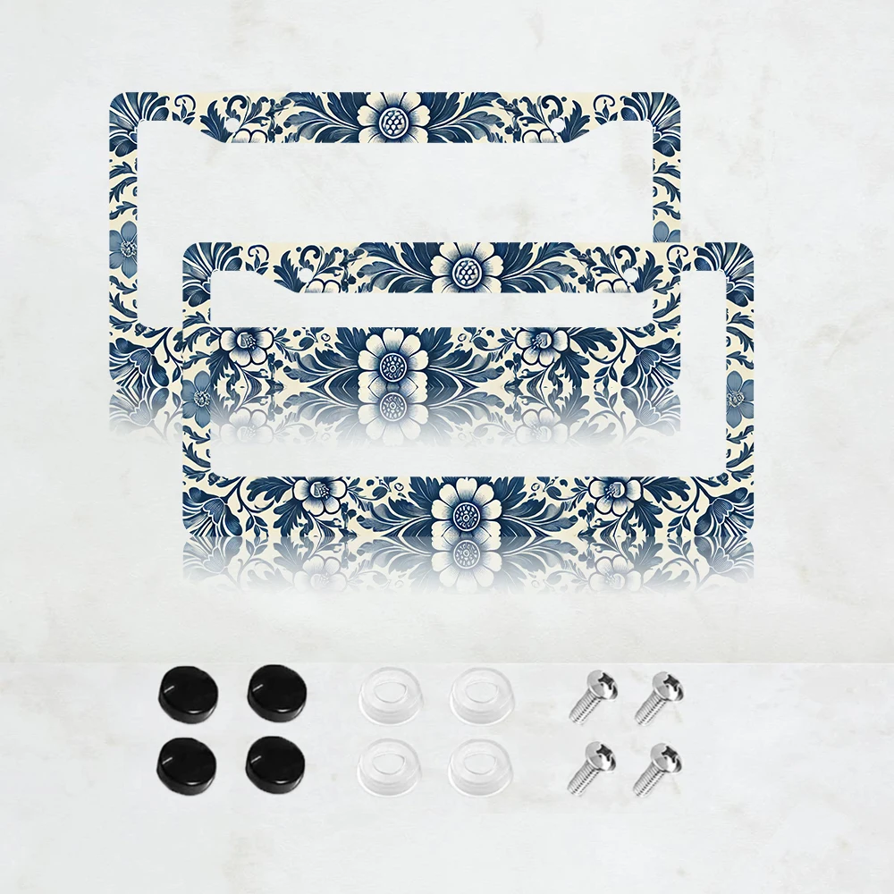 

2PC elegant blue and white porcelain floral license plate frames - durable Aluminum, suitable for American and Canadian cars