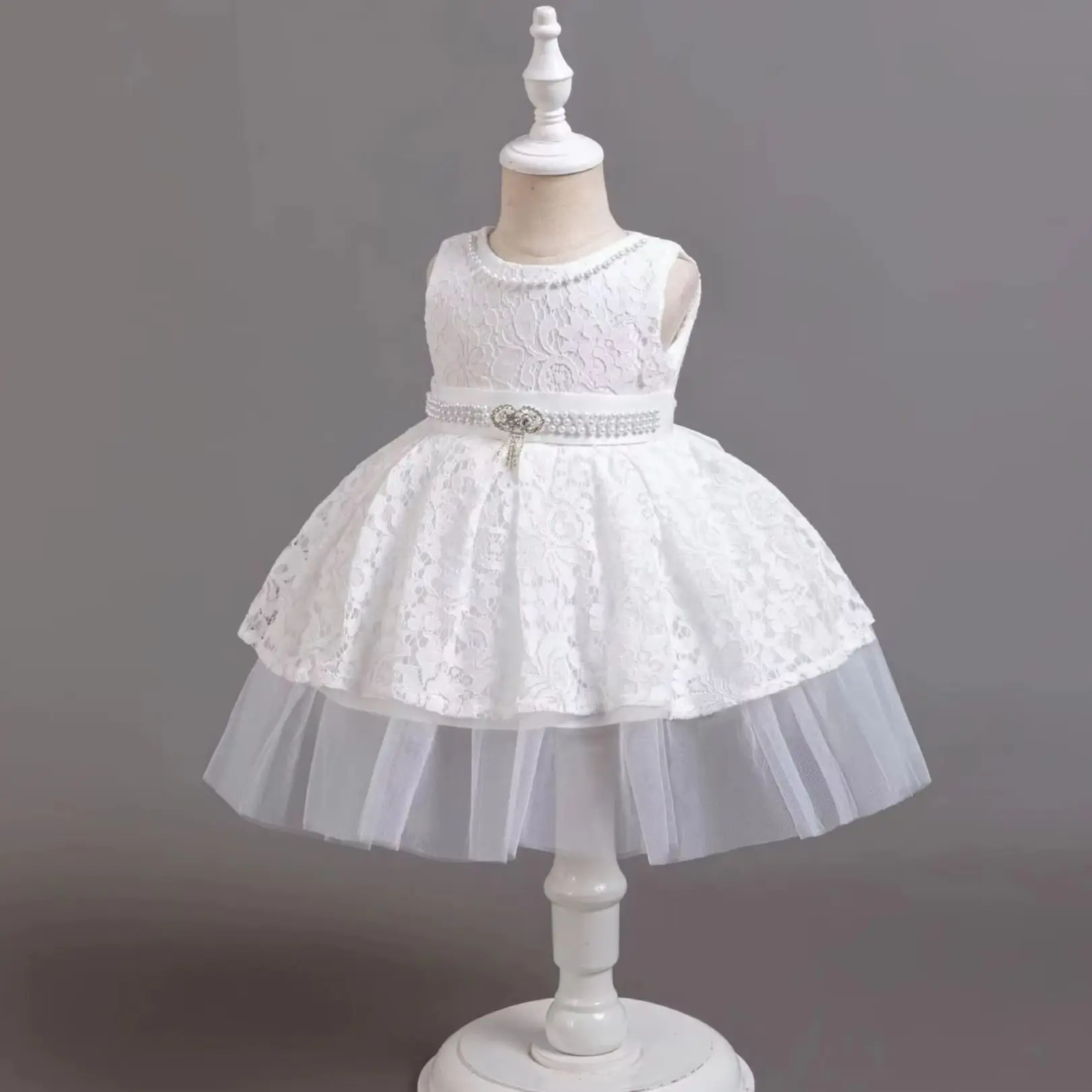 Girl\'s Dress Lace Sleeveless Applique Princess Dress Wedding Flower Girl One Year Host Performance Dress for 0-3 Years