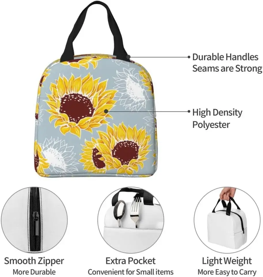 Fiambrera de girasol amarilla reutilizable, bolsa de almuerzo aislada Floral con bolsillo frontal portátil, 8,5x5x8 pulgadas