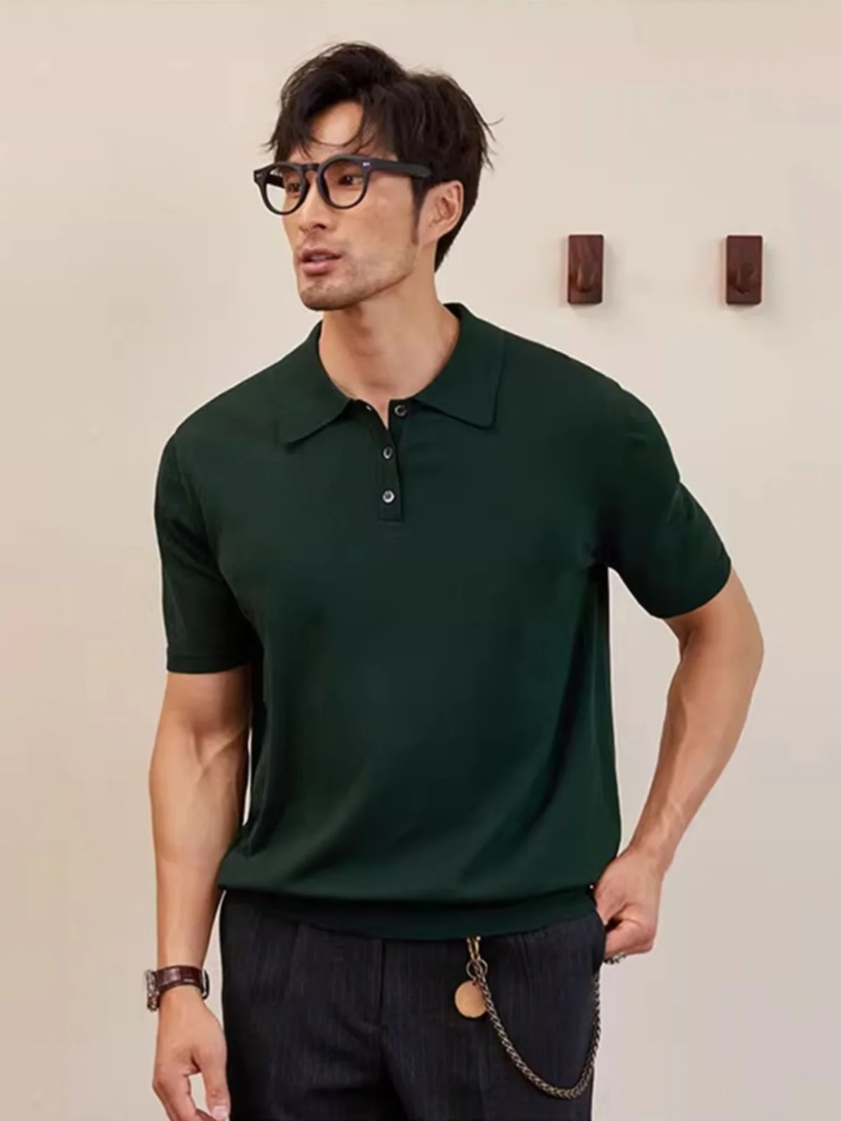 

Summer Fashionable Shirt Turn-down Collar Casual Short Sleeve Men's Green Business Gentleman Style Knitted T-shirt
