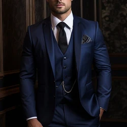 Costume de Luxe Bleu 3 Pièces pour Homme, Ensemble Veste et Pantalon, Blazer à Simple Boutonnage, de Haute Qualité