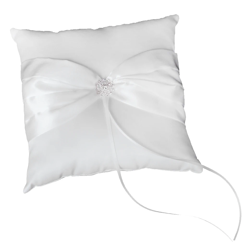 White Satin Ring Pillow with Bowknot Pearl and Rhinestone Buckle for Wedding Ring Bearer Cushion Ceremony Holder