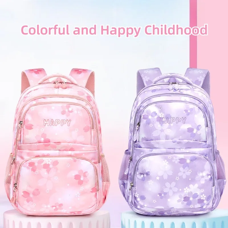 Trendy Printed Gradient-Colour Kids Backpack Schoolbags Girls Cute Backpack Large Light Book Bag Waterproof Durable Rucksack