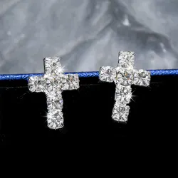 New Full Rhinestone Cross Stud Earrings Long Tassel Earrings for Women Bridal Drop Dangling Earrings Party Wedding Jewelry Gifts