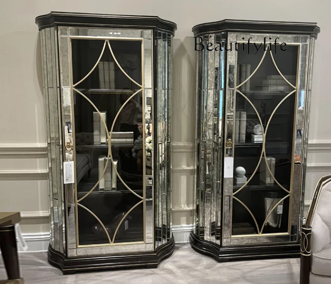 New American solid wood carved glass wine cabinet furniture Meijia French side cabinet restaurant furniture