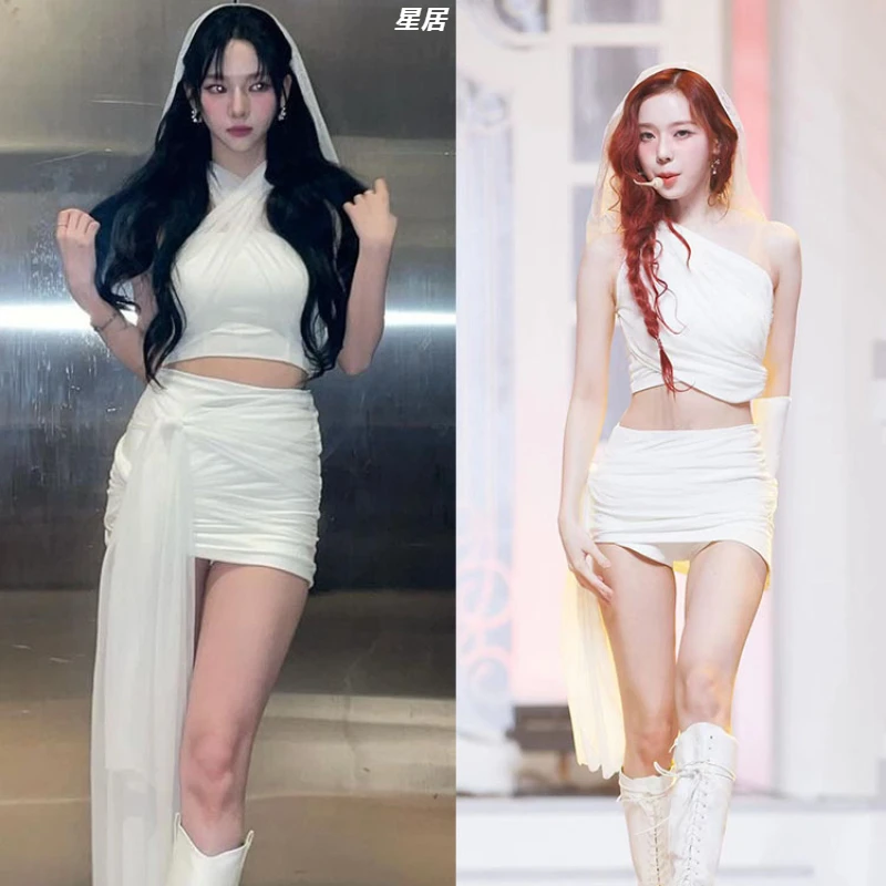 

Kpop Korean Singer Women Jazz Dance Costume White Crop Tops Irregular Short Skirt Stage Performance Clothing Nightclub Outfits