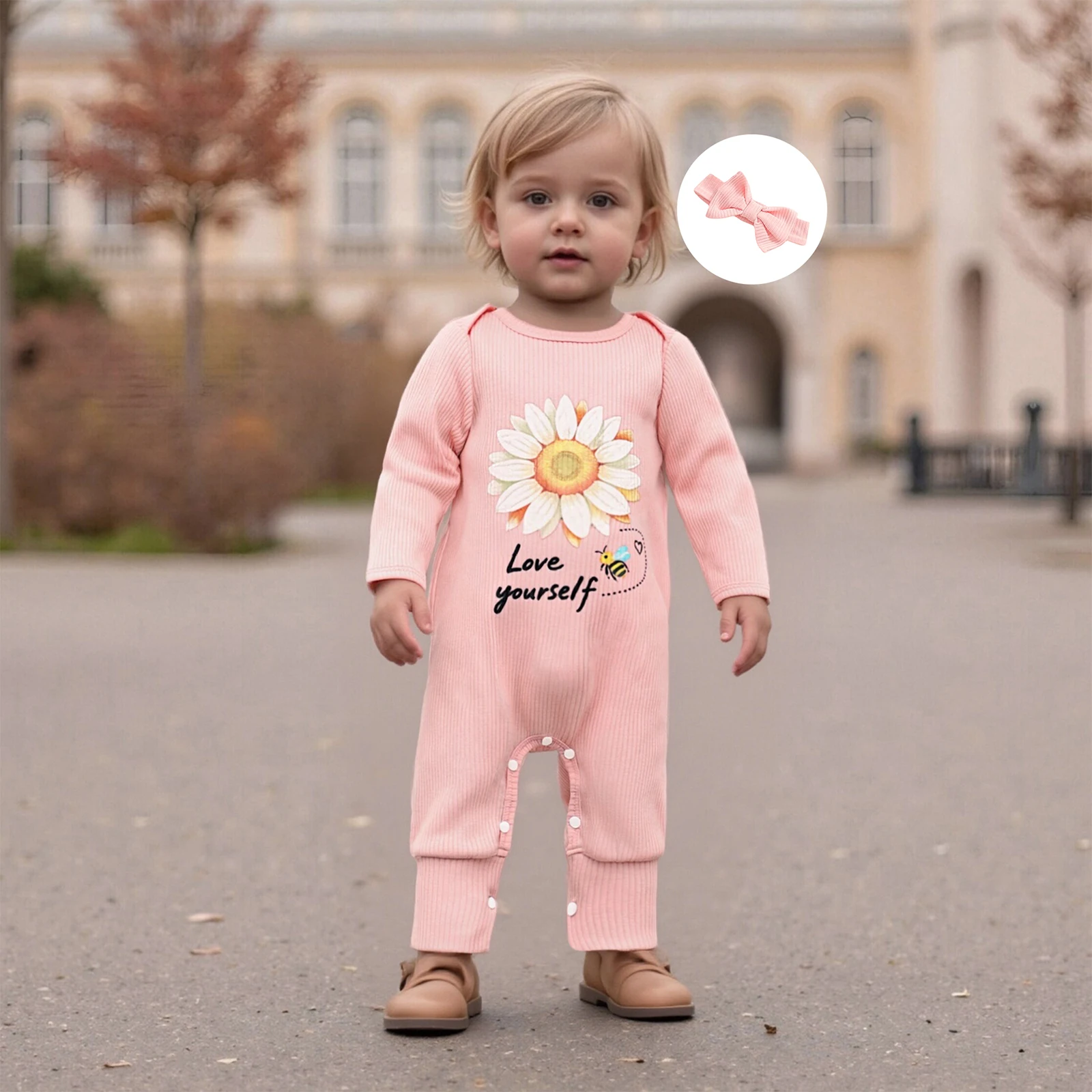 

Осенняя одежда для малышей, осенний комбинезон для девочек, комбинезон с длинными рукавами и круглым вырезом с буквенным принтом подсолнечника и пчелы, комплект с повязкой на голову