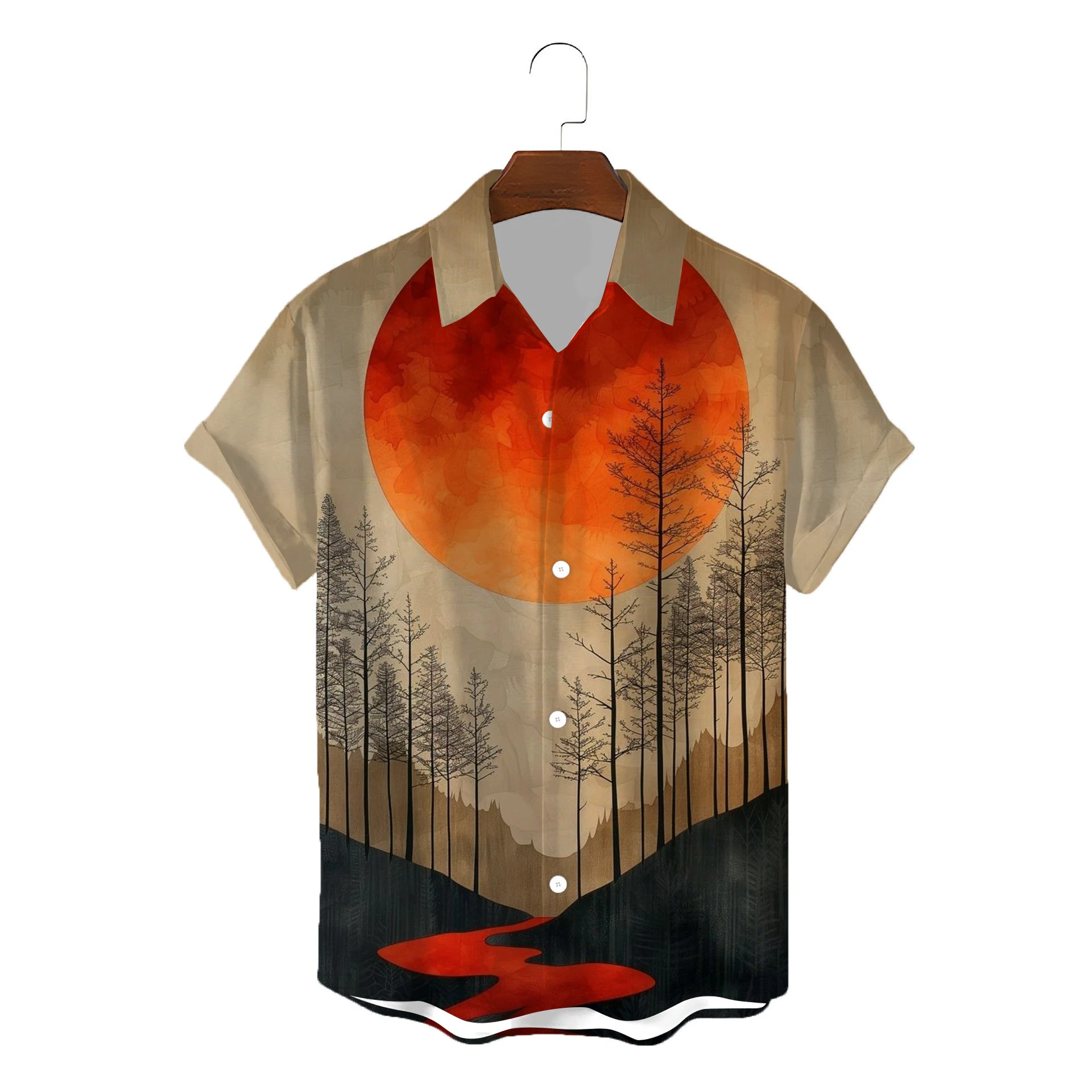 2024 Zomer Nieuwe Stijl Mans Shirt Van Inktstijl Landschapsschilderij 3d Print Retro Stijl Hawaii Strand Heren Overhemd Revers Shirt