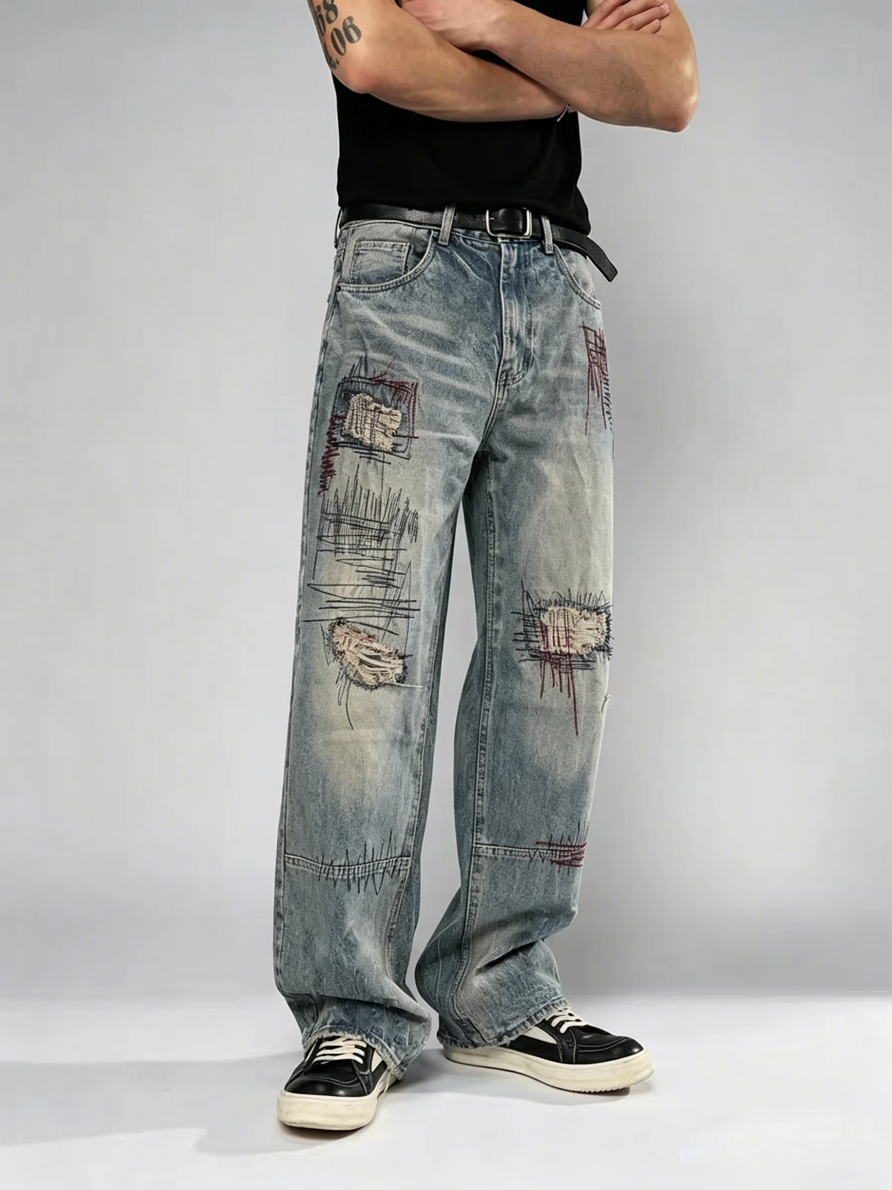【HME】Men's Jeans | Vintage Washed Denim Pants, Men Wide Leg Baggy Jeans With Patchwork Distressed Embroidery, Elastic Back Waist Casual Denim Trousers For Street Daily Wear, Loose Fit Men Denim Bottoms For Hip‑hop Style Outfits