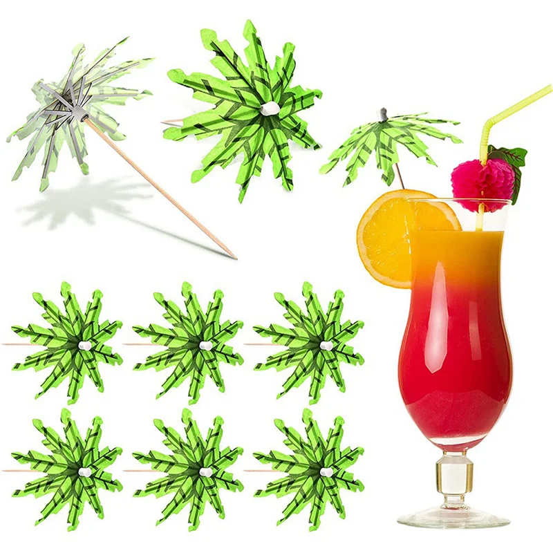 

120 Pieces Green Tropical Coconut Palm Tree Paper Umbrellas Picks Cocktail Parasols Cupcake Picks For Hawaiian Party