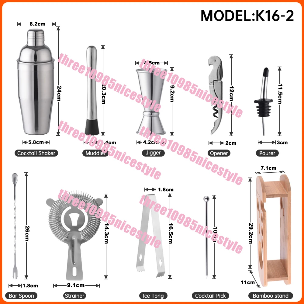 700Ml Silver 304 Metal Bar Tools Bartender Kit Stainless Steel Cocktail Bartender Set with Bamboo Stand