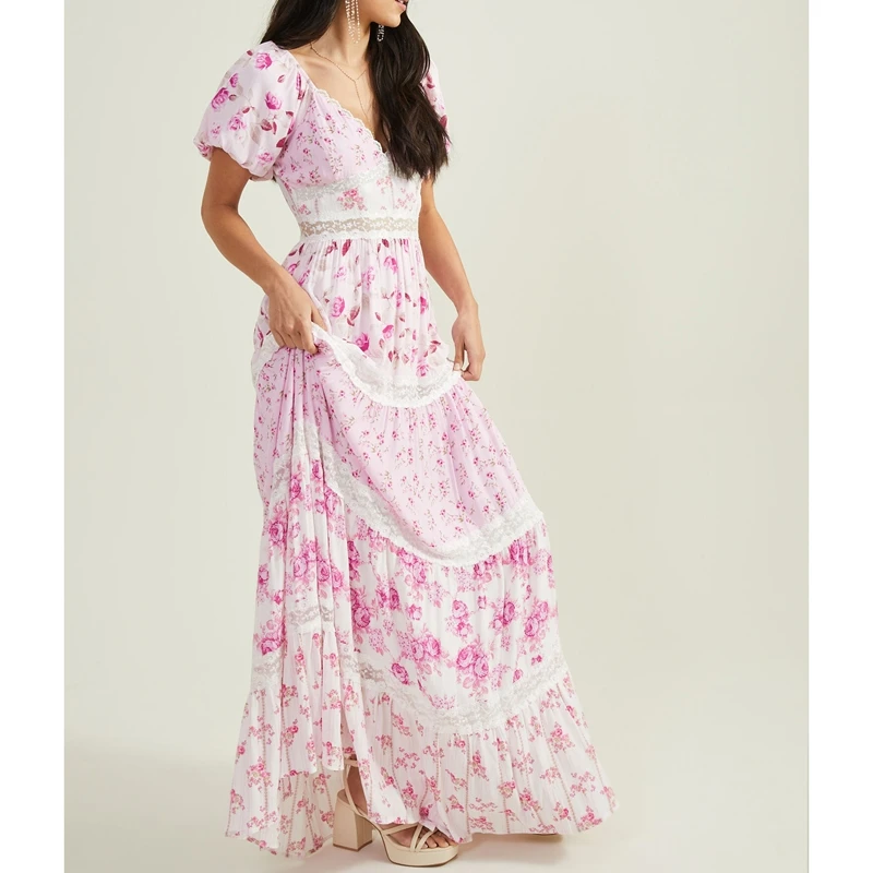 Combhasaki Damen-Sommerkleid, durchsichtig, Spitzenbesatz, V-Ausschnitt, Blumendruck, Kontrastfarbe, Puffärmel, Strandmode, Rüschen, fließendes A-Linien-langes Kleid