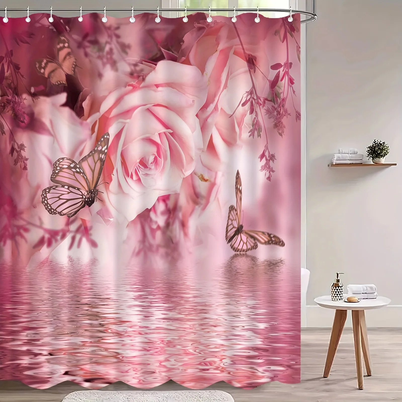 JIT1pcs Beautiful Pink Butterfly Love Flower Water Reflection Shower Curtain, High End Elegant and Fog Proof Bathroom Curtain, M