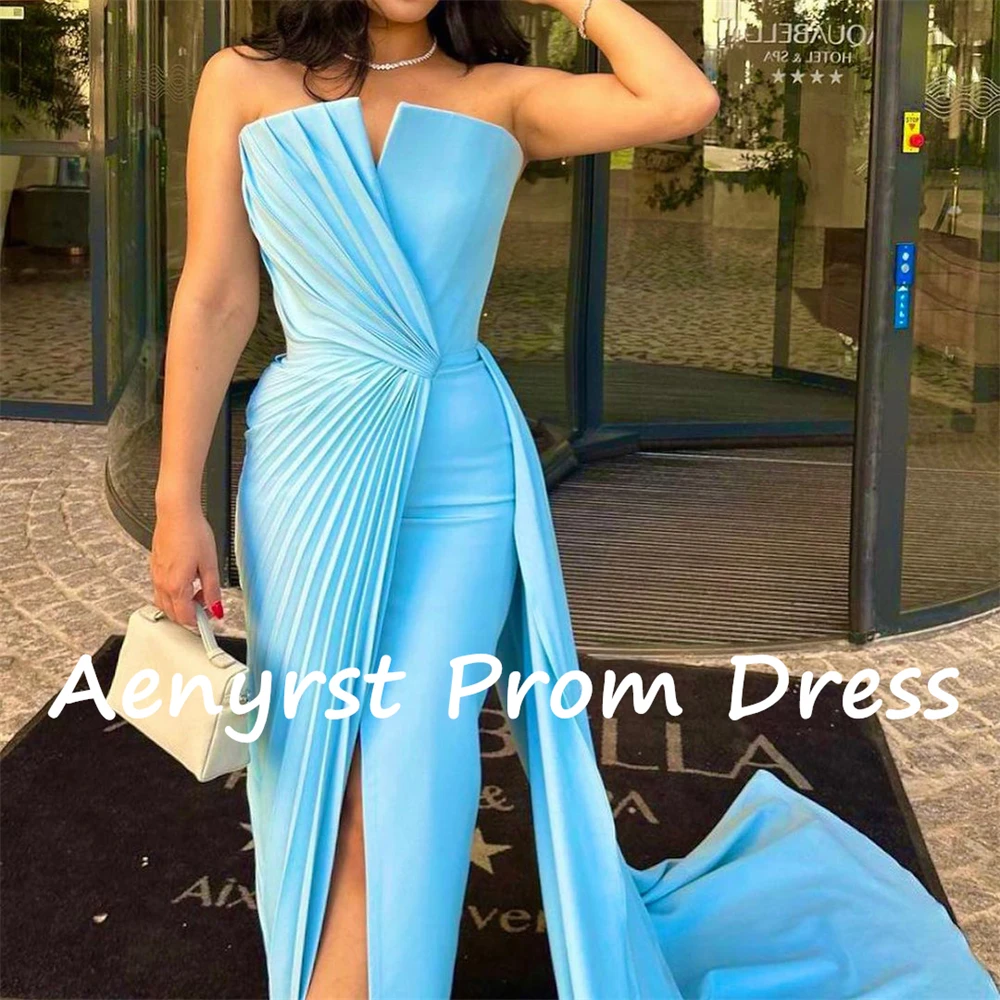 Aenyrst Sky Blue Strapless Mermaid Saudi Arabia Evening Dresses Satin Split Pleated Prom Gowns Floor Length Dinner Party Dress