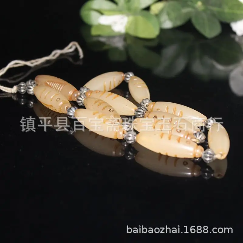 New Antique , , Fish-Shaped Tube , Bead Chains, Old White Glass Beads