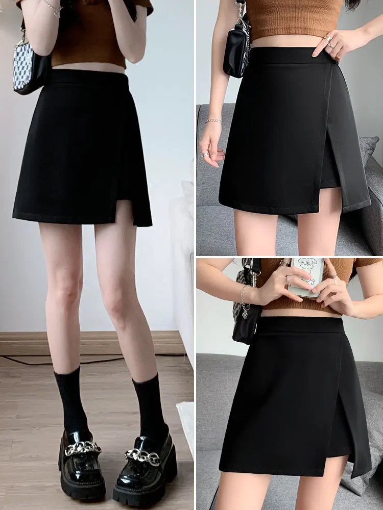 Spring Summer Short High Waist Slimming Skirt Women's Suit Split A-Line Mini Skirt Pure Color Patchwork Polyester Spandex