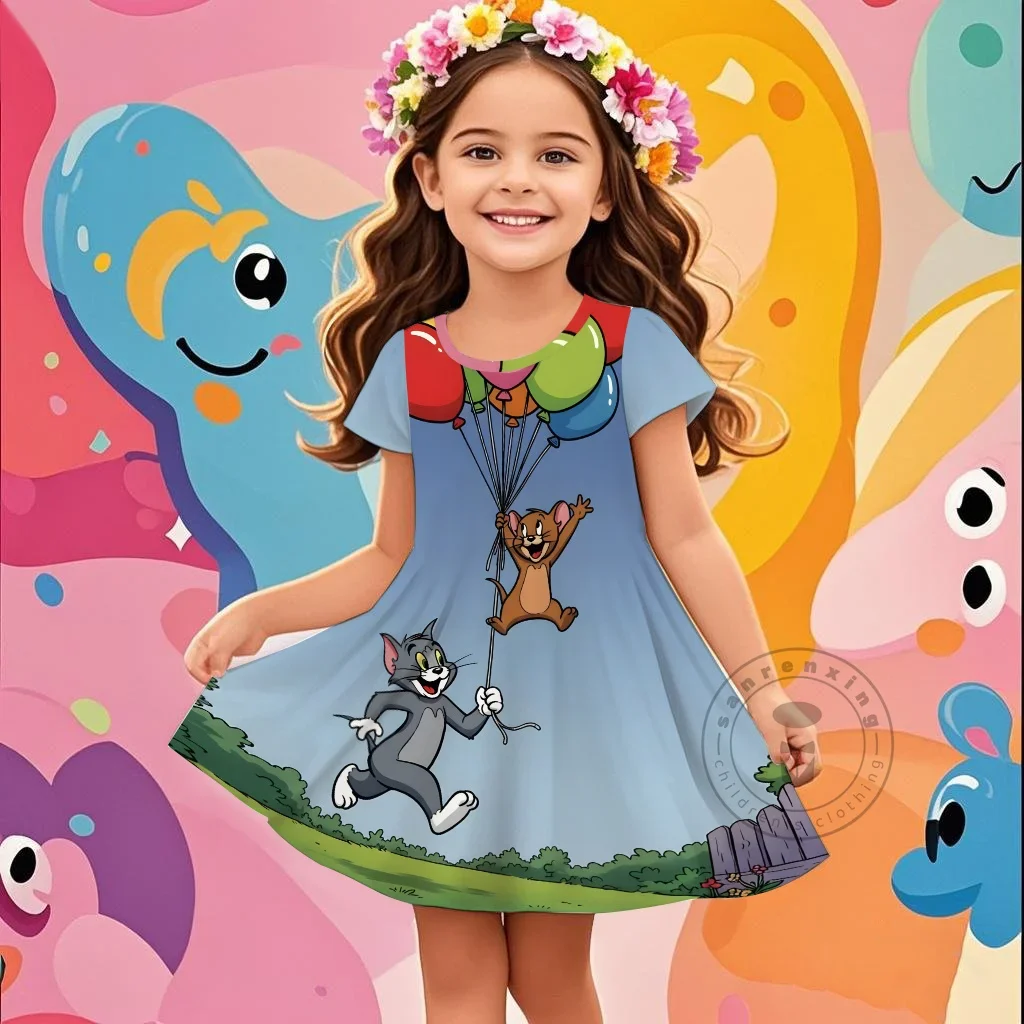 

Summer Girls Cute Cartoon Tom And Jerry Dress Fashion Trend Dress Kids Daily Casual Stylish Short Sleeve Clothing Outfit