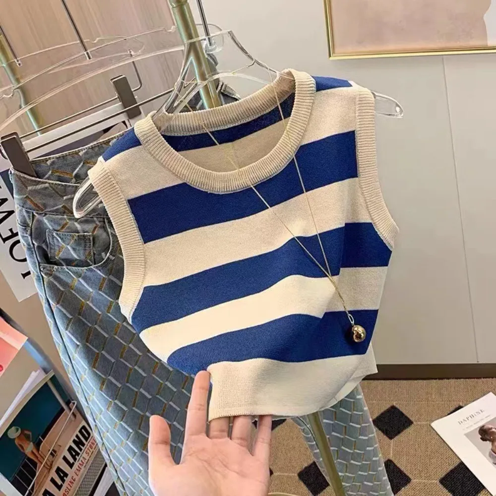 1PC Armpit Knitted Crop Top Round Neck Plaid Pattern Summer Fashion For Women Waistcoat