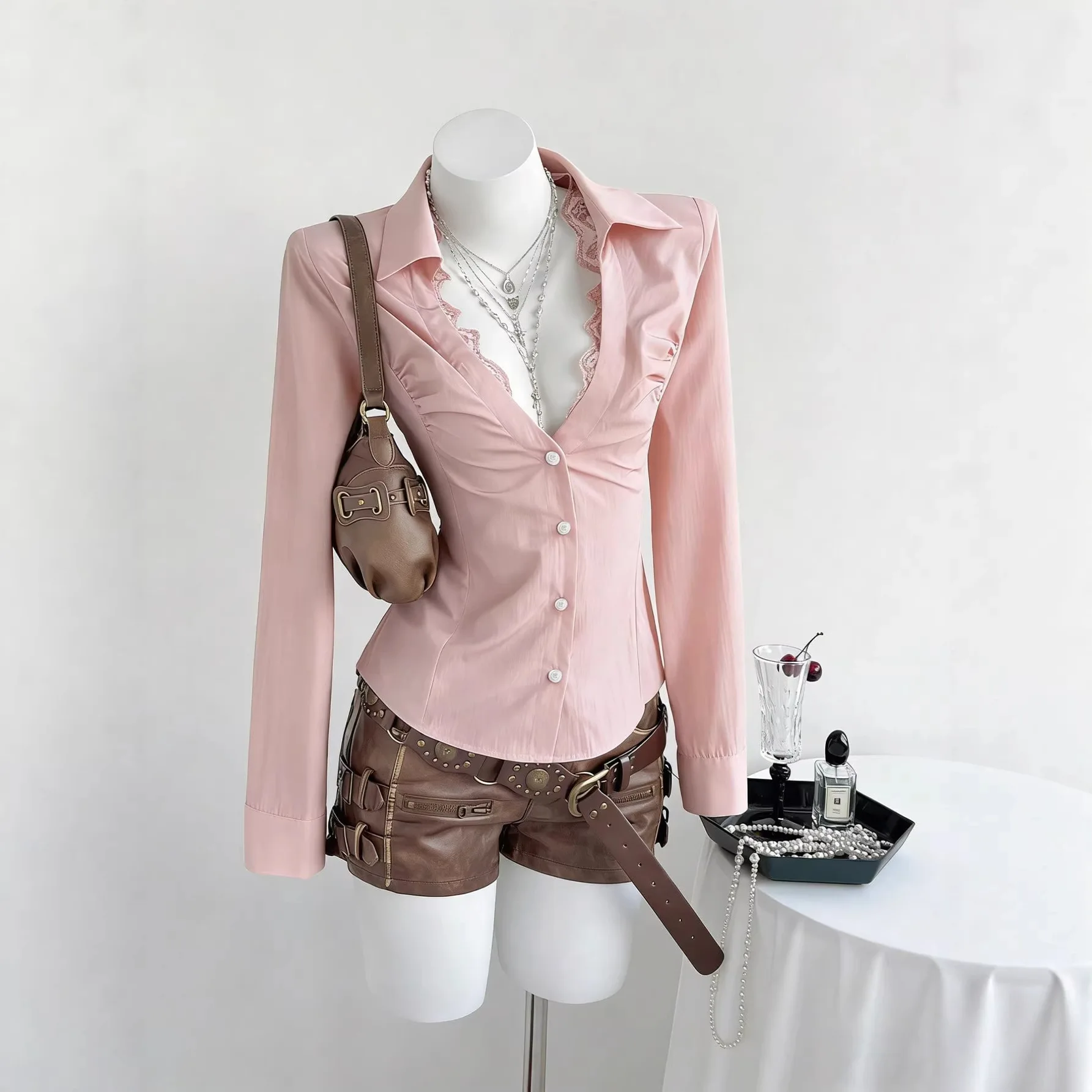 2026 Summer Low Chest V-Neck Lace Edge Women's Long Sleeve Shirt
