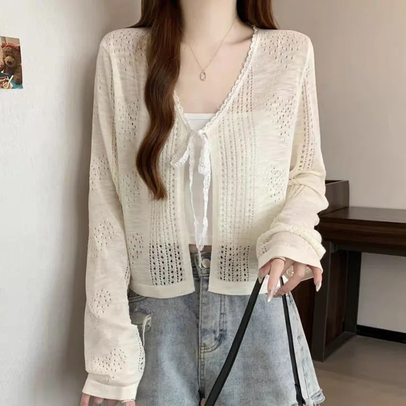 Suéter Tricotado Feminino, Cardigans com Decote em V e Laço, Suéter Branco de Tricô, Tops Femininos, Novo Suéter de Manga Longa 2026 Q4021