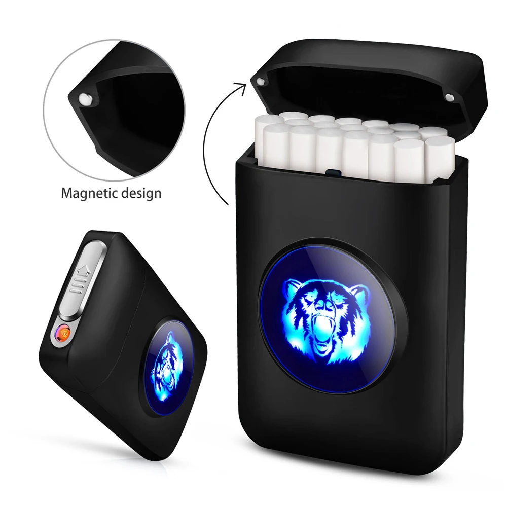 Cigarette Case With Lighter 19pcs Capacity Tobacco Holder USB Rechargeable LED Display Coil Lighter Smoking Tools