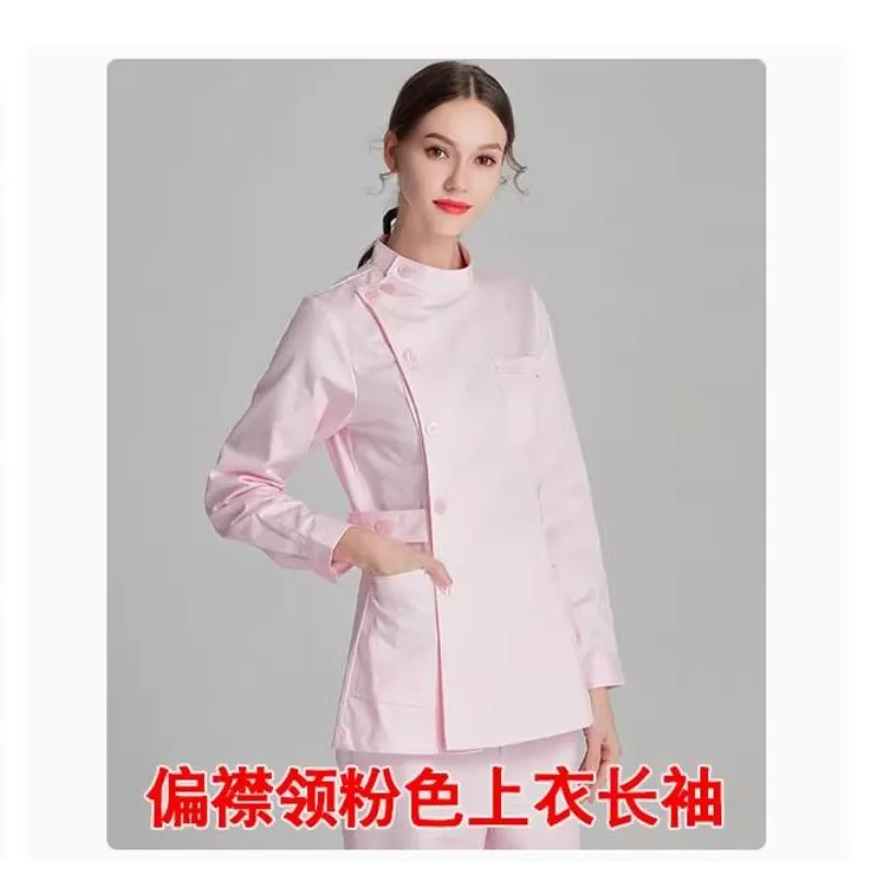 Weiße kurze Scrubs Top Krankenschwester Uniformen Set Laborkittel Arzt Uniform Frauen medizinische Kleidung rosa Schönheitssalon Langarm Kleidung